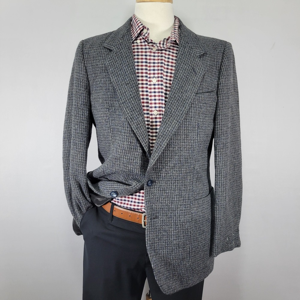 Tweed Style Men's Sport Coat Blazer Two Button Houndstooth Gray Wool Size 42R